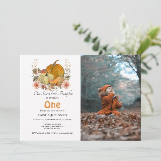 Herfst pompoen val eerste verjaardagsfeestje kaart (Staand voorkant)