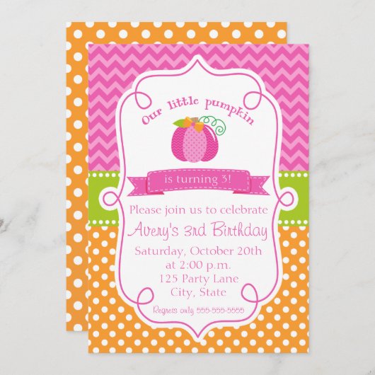 Herfst pompoen verjaardagsuitnodiging, roze pompoe kaart (Voorkant / Achterkant)