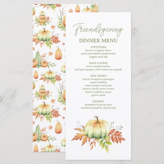 Herfst pompoen verlaat rustiek Friendsgiving diner Menu (Voorkant / Achterkant)
