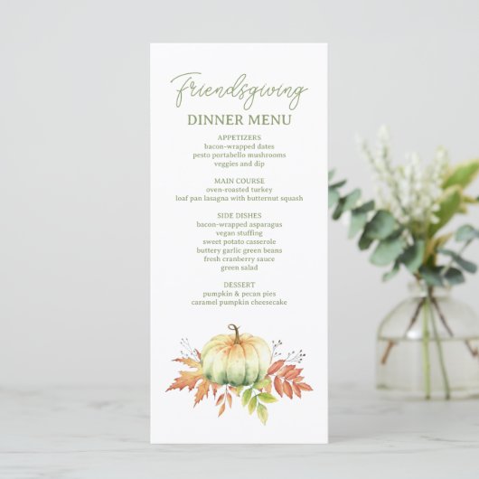 Herfst pompoen verlaat rustiek Friendsgiving diner Menu (Staand voorkant)