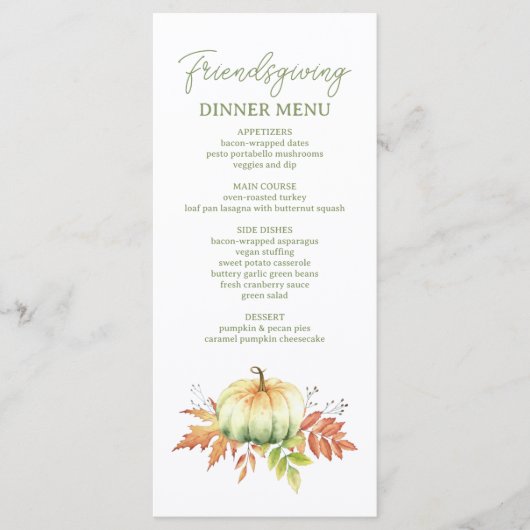 Herfst pompoen verlaat rustiek Friendsgiving diner Menu (Voorkant)