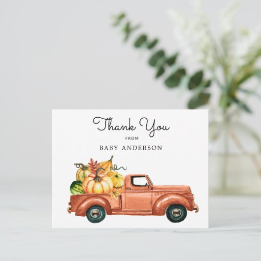 Herfst pompoen vrachtwagen rijden door Baby shower Briefkaart (Staand voorkant)