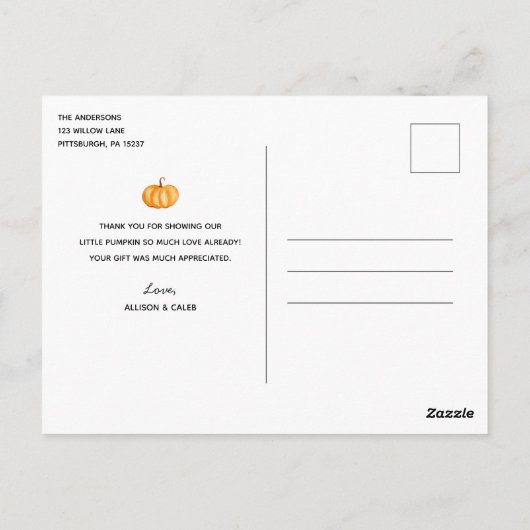 Herfst pompoen vrachtwagen rijden door Baby shower Briefkaart (Achterkant)