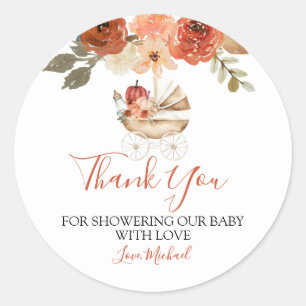 Herfst Pompoen Wagentje Bloemen Baby Shower Bedank Ronde Sticker