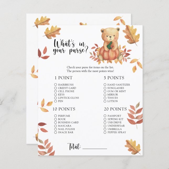 Herfst pompoen. Wat in je tas baby shower spel (Voorkant / Achterkant)