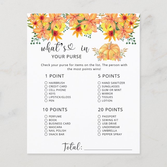 Herfst pompoen wat in uw handtas baby shower (Voorkant)