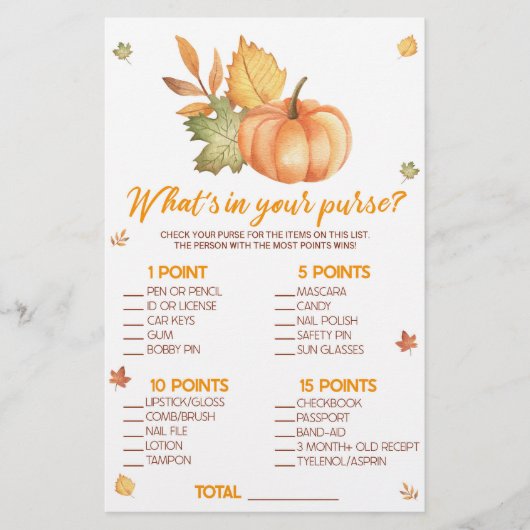 Herfst pompoen Wat is in Purse Baby shower spel Briefpapier (Voorkant)