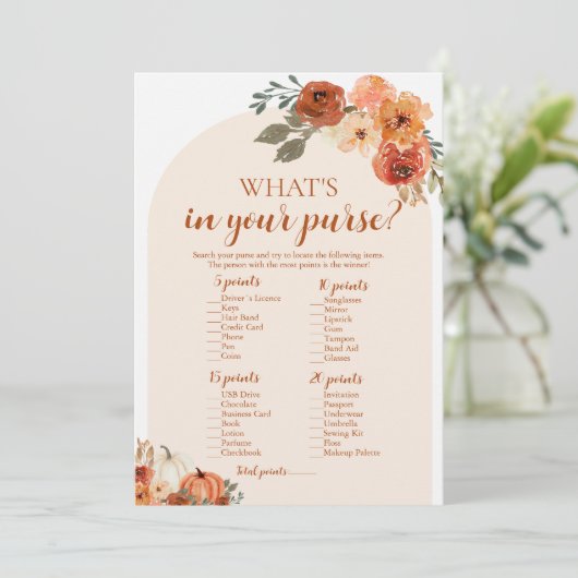 Herfst pompoen Wat zit er in je tas Baby shower sp Kaart (Staand voorkant)