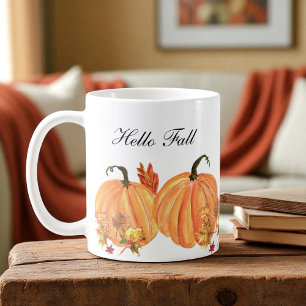 Herfst pompoen Waterverf herfstbladeren Koffiemok