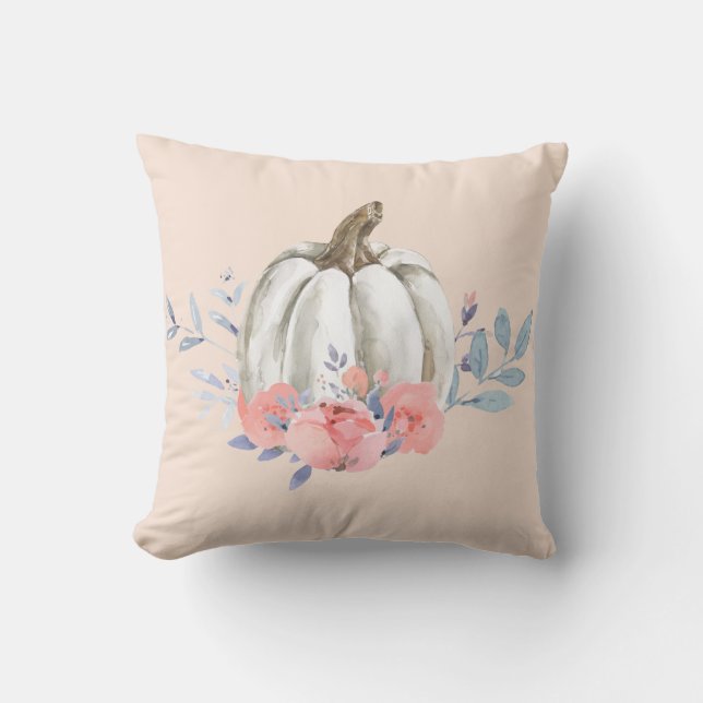 Herfst Pompoen Waterverf Roze Bloemige Gebladerte Kussen (Voorkant)