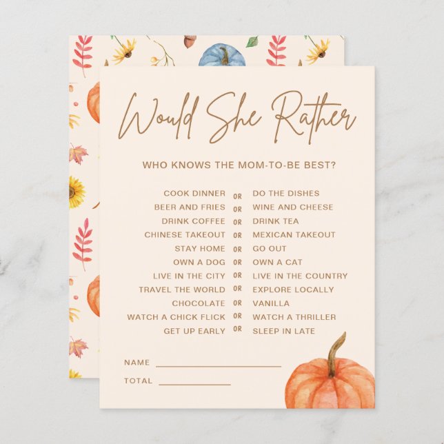 Herfst pompoen wil dat ze liever Baby shower spel (Voorkant / Achterkant)