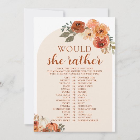 Herfst pompoen wil dat ze liever Baby shower spel Kaart (Voorkant)