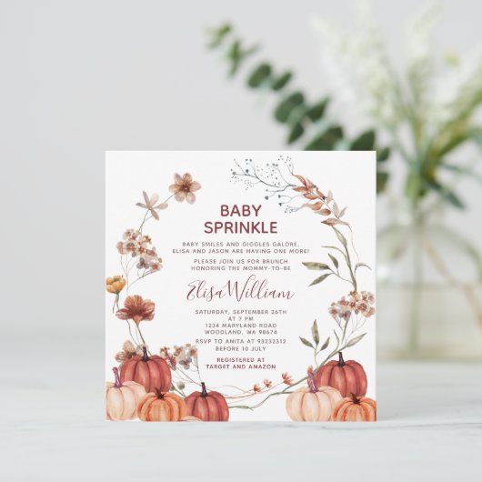 Herfst Pompoen Wildbloemen Waterverf Baby Sprinkle Kaart (Staand voorkant)