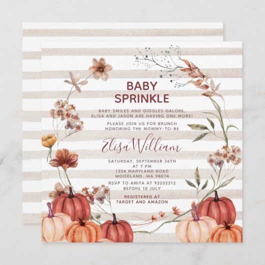 Herfst Pompoen Wilde Bloemen Streep Baby Sprinkle Kaart (Voorkant / Achterkant)