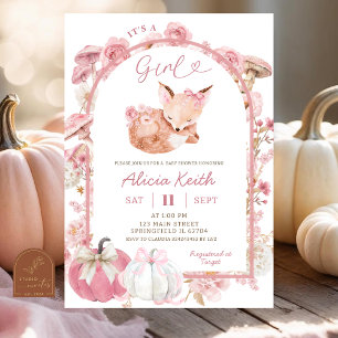Herfst pompoen wit en roze Fox Girl Baby shower Kaart