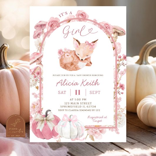 Herfst pompoen wit en roze Fox Girl Baby shower Kaart