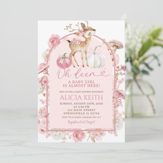 Herfst pompoen wit en roze herten Baby shower Kaart (Staand voorkant)