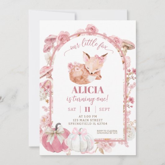 Herfst Pompoen Wit en Roze Vos Meisje Verjaardag Kaart (Voorkant)