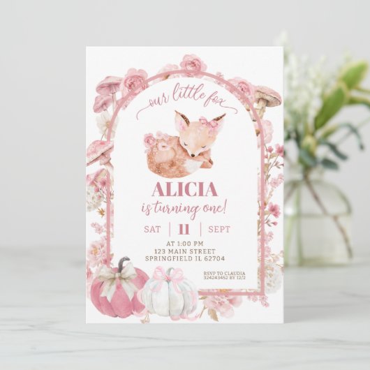 Herfst Pompoen Wit en Roze Vos Meisje Verjaardag Kaart (Staand voorkant)