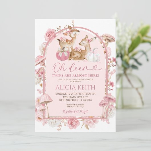 Herfst Pompoen Witte en Roze Tweeling Baby shower Kaart (Staand voorkant)