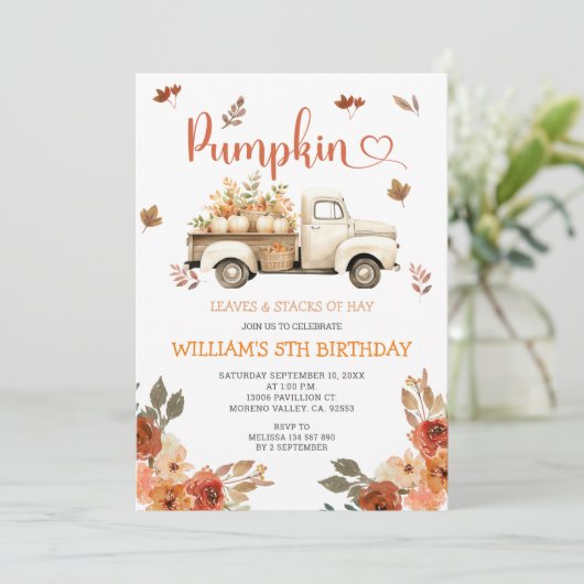 Herfst pompoen witte truck 5e verjaardag kaart (Staand voorkant)