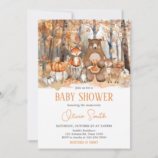 Herfst Pompoen Woodland Dieren Baby shower Kaart (Voorkant)