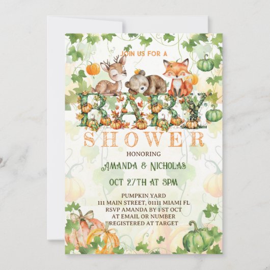 Herfst Pompoen Woodland Dieren Baby shower Kaart (Voorkant)