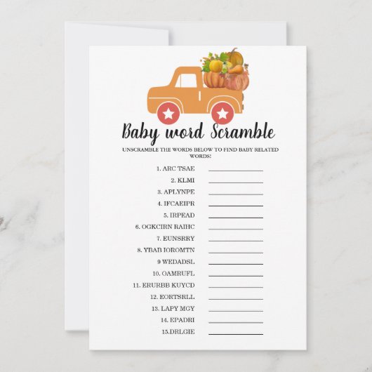 Herfst pompoen woord scramble baby shower spel aankondiging (Voorkant)