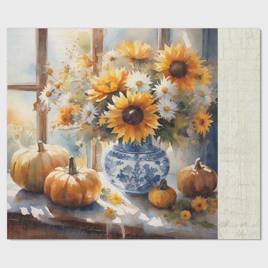 Herfst Pompoen Zonnebloem Bloem Blauw Wit Decoupag Cadeaupapier (Vlak)
