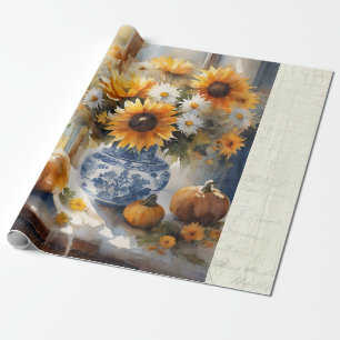 Herfst Pompoen Zonnebloem Bloem Blauw Wit Decoupag Cadeaupapier