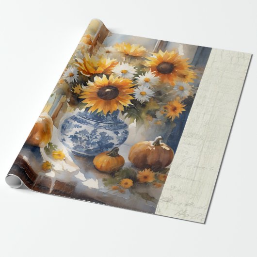 Herfst Pompoen Zonnebloem Bloem Blauw Wit Decoupag Cadeaupapier (Uitgerold)