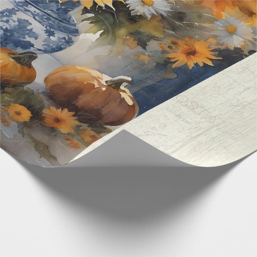 Herfst Pompoen Zonnebloem Bloem Blauw Wit Decoupag Cadeaupapier (Hoek)