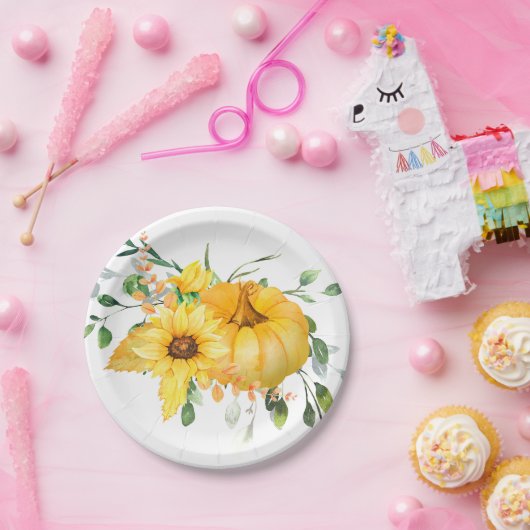 Herfst pompoen, zonnebloemen en groen papieren bordje (Feest)