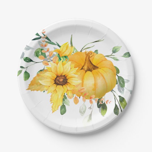 Herfst pompoen, zonnebloemen en groen papieren bordje (Voorkant)