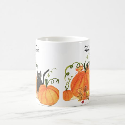 Herfst Pompoen Zwarte Kat Waterverf Herfstbladeren Koffiemok (Center)
