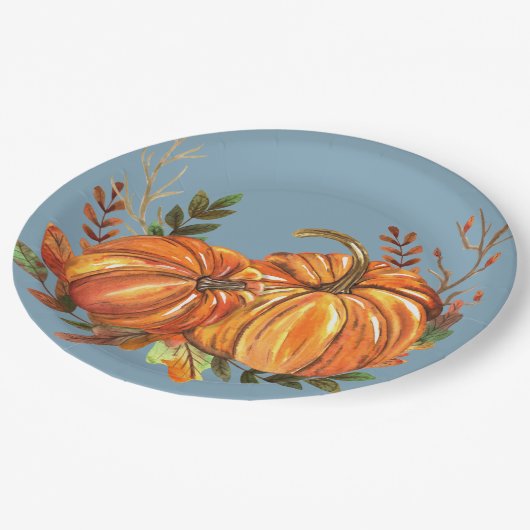 Herfst pompoenen Dusty Blue Papieren Bordje (Gekanteld)