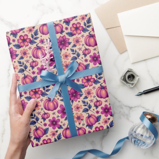 Herfst Pompoenen en Bloemen Herfst Bloempatroon Cadeaupapier (Geschenken)