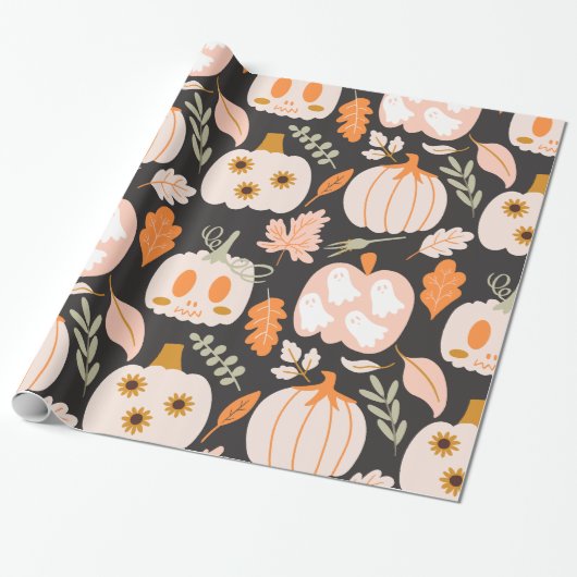 Herfst Pompoenen Ghost Skeleton Wrapping Paper Cadeaupapier (Uitgerold)