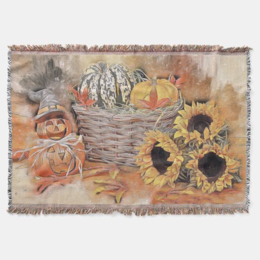  Herfst pompoenen herfstkleuren waterverf Thro Deken (Voorkant)