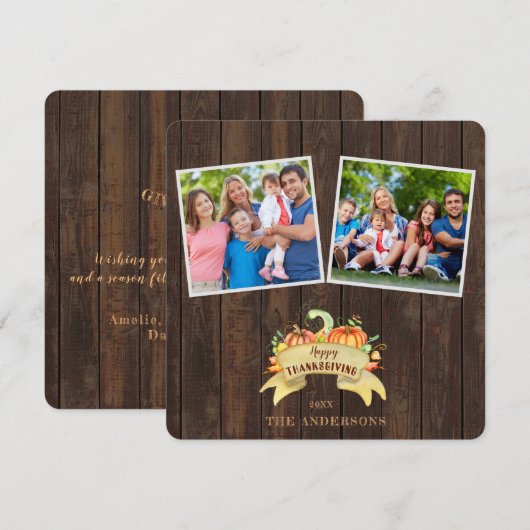 Herfst Pompoenen Houten Foto Prettig Thanksgiving Kaart (Voorkant / Achterkant)