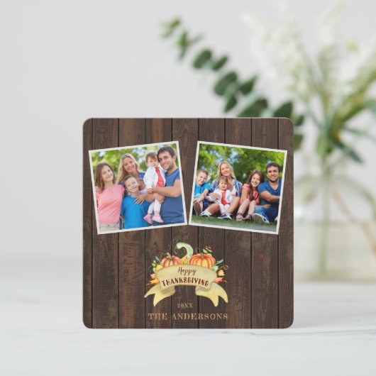 Herfst Pompoenen Houten Foto Prettig Thanksgiving Kaart (Staand voorkant)