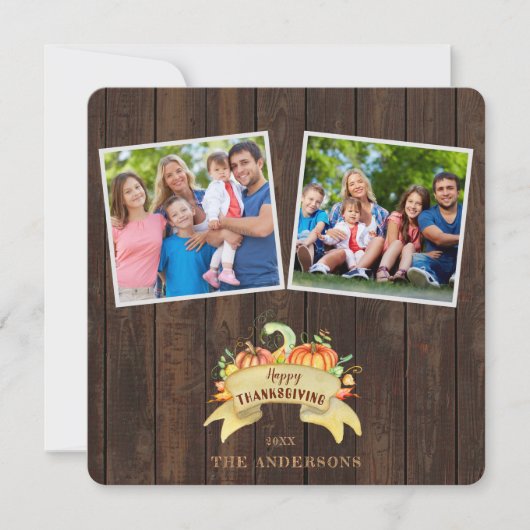 Herfst Pompoenen Houten Foto Prettig Thanksgiving Kaart (Voorkant)
