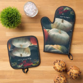 Herfst pompoenen in een rustieke tuin ovenwant & pannenlap set (Top down)