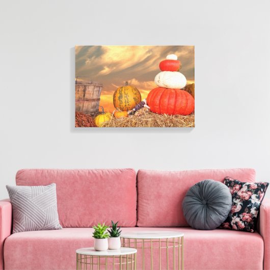 Herfst pompoenen op hooibalen met zonsondergang he canvas afdruk (Insitu (Woonkamer))