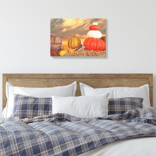 Herfst pompoenen op hooibalen met zonsondergang he canvas afdruk (Insitu (Slaapkamer))