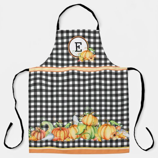 Herfst pompoenen op zwarte gingham monogrammed schort (Voorkant)