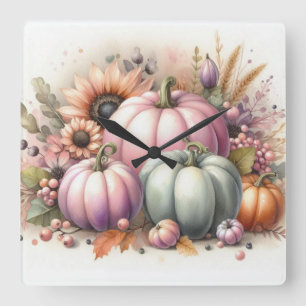 Herfst pompoenen pastel kleuren waterverf schilder vierkante klok