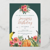 Herfst Pompoenen Roze Bloemen Goud Verjaardagsfees Folie Uitnodiging (Voorkant)