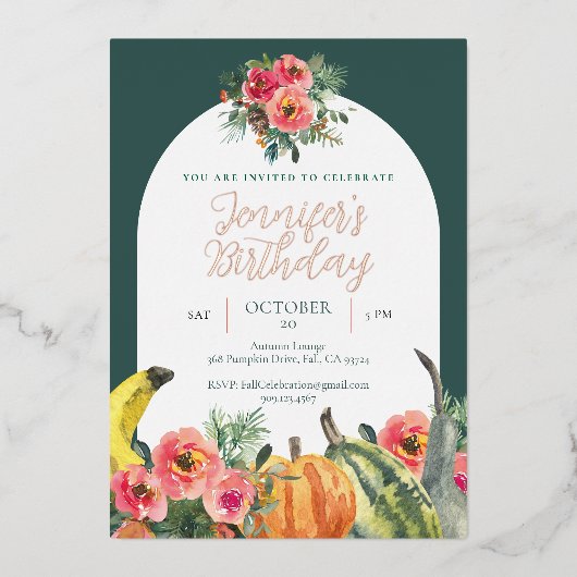 Herfst Pompoenen Roze Bloemen Goud Verjaardagsfees Folie Uitnodiging (Voorkant)