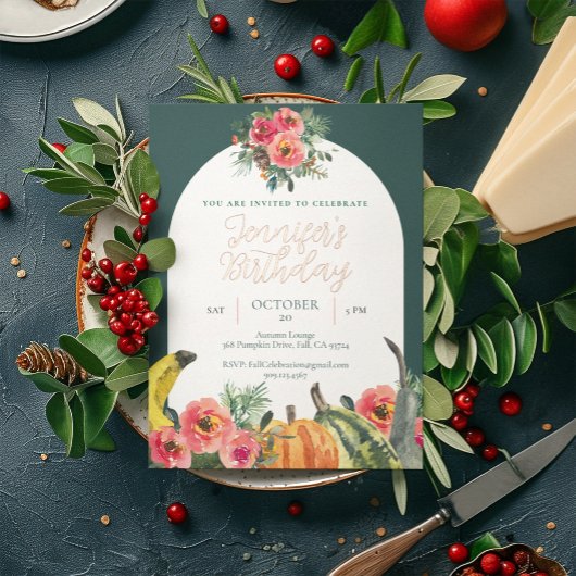 Herfst Pompoenen Roze Bloemen Goud Verjaardagsfees Folie Uitnodiging